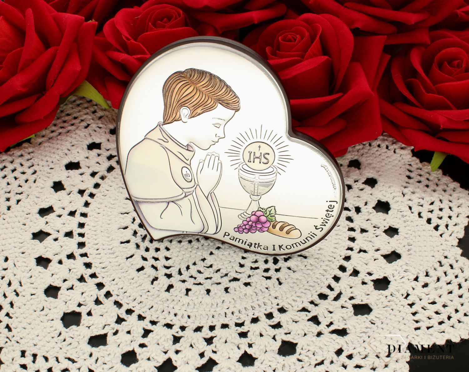 Obrazek srebrny Pierwsza Komunia Święta dla chłopca kolorowy 6747.2 COL. Prezent na komunie dla chłopca. Pamiątka I komunii świętej. Obrazek na rocznicę komuni. Obrazek srebrny z grawerem dla chłopca.jpg